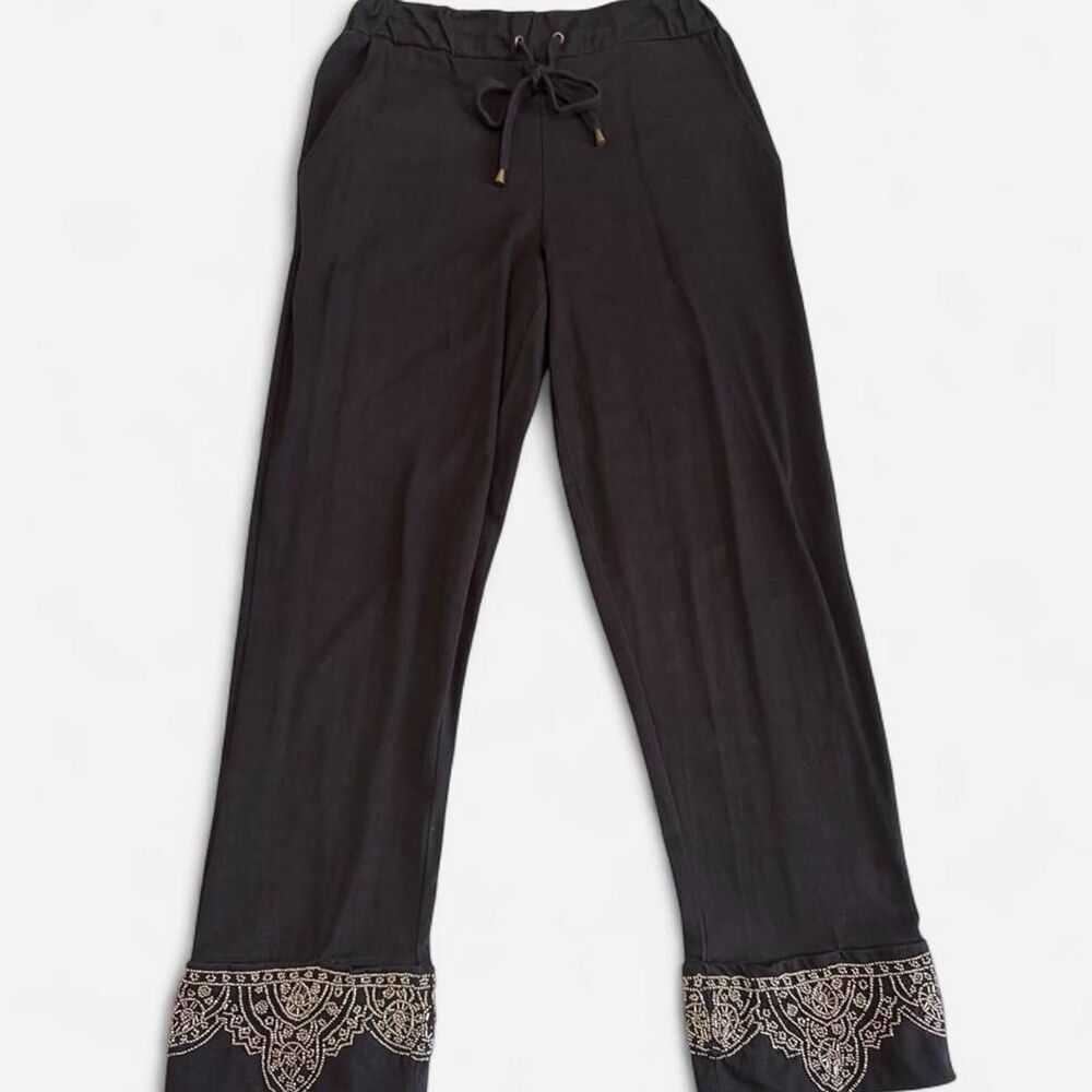 Love Sam Black Organic Cotton Beaded Wide Leg Pants Boho Embellished